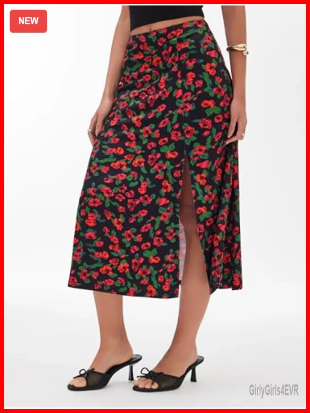 Floral A-Line Skirt Polyester Blend Elastic High Waist Split Hem Flowy Summer